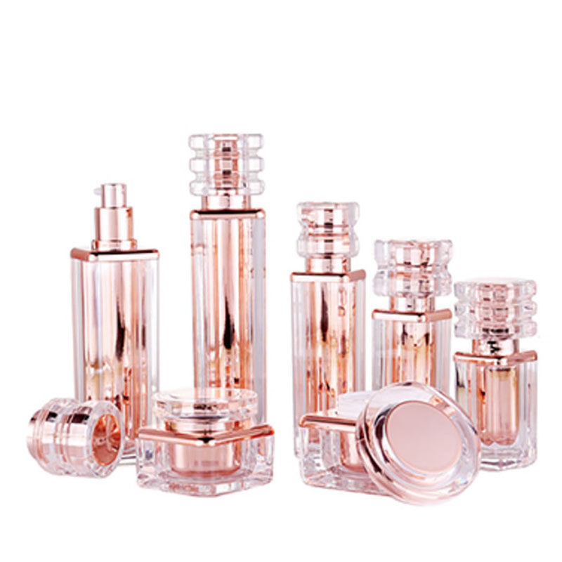 China Supplier OEM 30g-50g Rose Gold Color Face Cream Set Jars 15ml-120ml MS Acrylic Cosmetic Bottle Set Square Shaped Wholesale