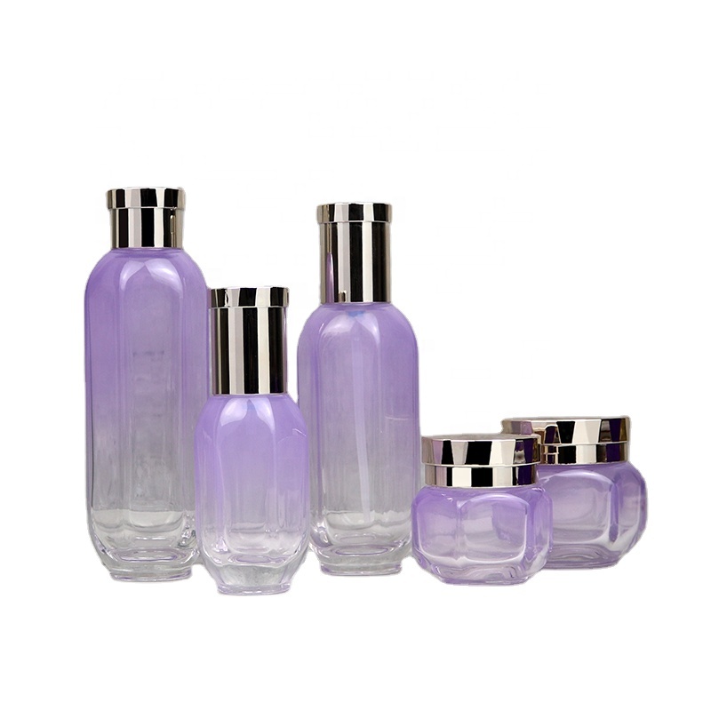 Luxury Hexagon cosmetic glass bottle set Unique design cream glass jar bottle Skincare glass packaging suit container