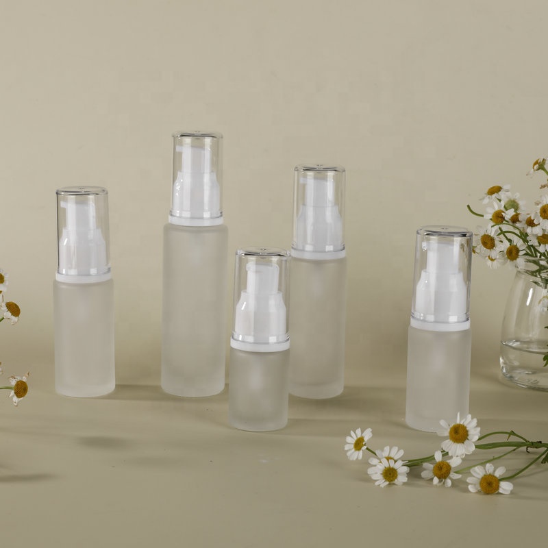 Cosmetic glass bottle set manufacture Lotion bottle Skincare packaging glass bottle container with white pump